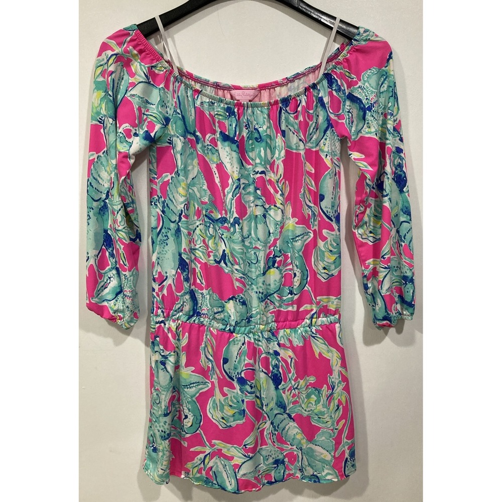 Lilly Pulitzerโ Lana Off the Shoulder Raz Berry Lobsters in Love Romper Size XS